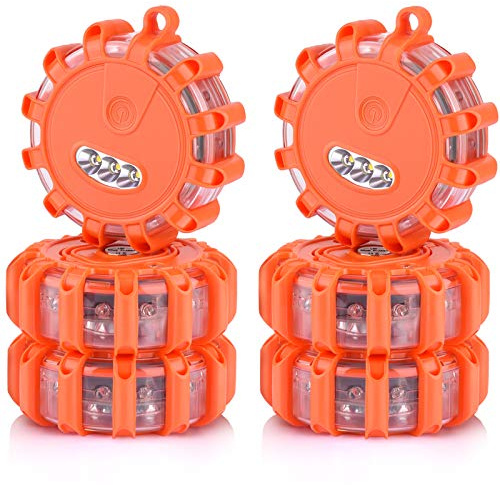 [6 Pack] LED Road Flares Safety Flashing Warning Light Roadside Emergency Disc Beacon Kit for Vehicles Boats with Magnetic Base & Hook, Premium Storage Bag (Batteries Not Included) (6)