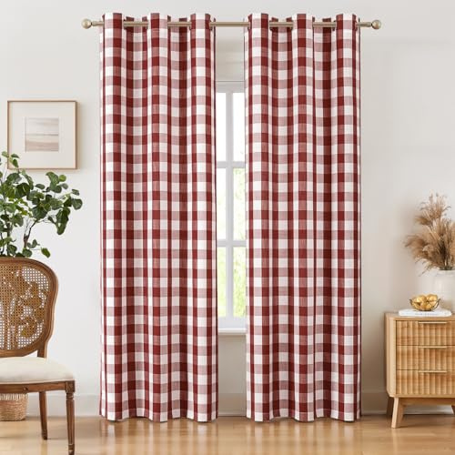 Amzdecor Buffalo Vorhänge mit Ösen, 240 cm Länge, Burgunderrot, lichtfilternd, kariert, strukturiert, halbtransparent, Vorhang für Wohnzimmer, Schlafzimmer, Bauernhaus, 2 Paneele (101,6 x 241,3 cm