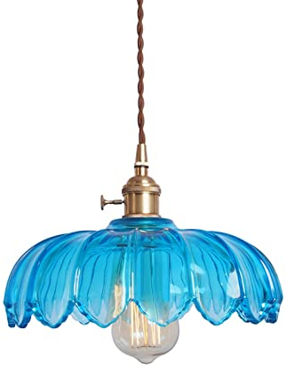 HJXDtech Vintage Glas Pendelleuchte Mit Lotus Blume Lampenschirm, Messing E27-Fassung Mit Schalter, Eleganter Glas Hängelampe für Kücheninsel,Esstisch & Wohnzimmer (Blau)