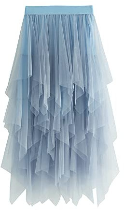 Damen-Tüllrock, elastisch, hohe Taille, Blumendruck, Abgestuft, geschichtet, unregelmäßiges Mesh, Ballett, Abschlussball, Party, Tüll, Tutu, Midirock in A-Linie (B-Blue, ONE Size)