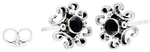 WINDALF Damen Ohrstecker mit Stein NASTIA 8 mm Schwarzer Onyx Ornamentik 925 Sterlingsilber