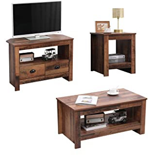 FurnitureHMD Rustic Brown Living Room Furniture 3 Piece Set, Corner TV Stand,Small Side Table,Coffee Table, UK Stock