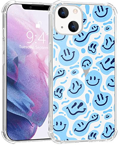 MAYCARI for iPhone 13 Case Funny Blue Face Girly Pattern Design Transparent Shockproof Anti-Scratch Soft TPU Cover with Air Cushion for Women Girls Protective Phone Case for iPhone 13