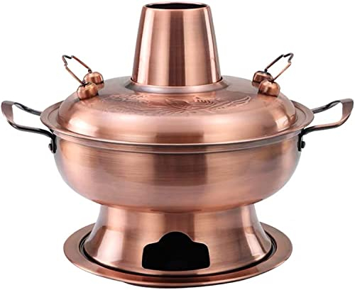 Copper Hot Pot Vintage Shabu Shabu Pot with Handle, Stainless Steel Charcoal Hotpot Cooker Chinese Soup Pan Cooking Cookware Pot for Home Party Restaurant,Red Copper,34cm