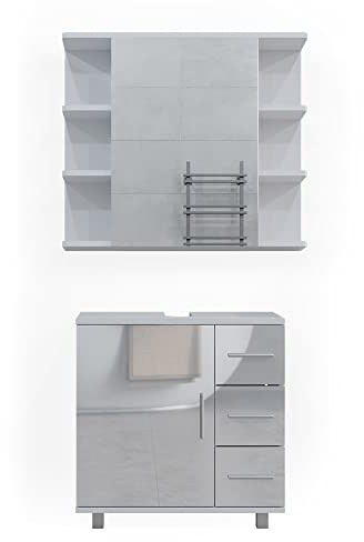 Vicco Badmöbel-Set Ilias, Weiß Hochglanz 60 cm | 2-teilig · Waschtischunterschrank · Spiegelschrank