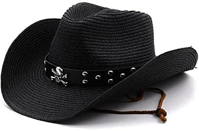 TONXX Vintage Cowboy Hat Western Style Large Metal Skull Brim Hat Straw Weaving Cowboy Hat Accessory for Summer Sunproof Black