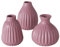 Deko Vase im 3er Set aus Keramik Mattes Design mit Rillen Höhe 12 cm Blumenvase Tischdekoration - Dunkel Rosa