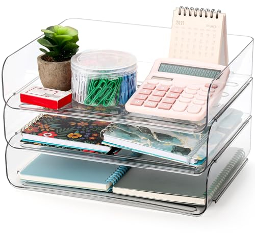 Okllen 3 Pack Stackable Paper Trays, Clear PET Desk Letter Tray Set, 3 Tier File Document Organizer Tray for A4 Paper, Magazine, Receipts, Office Supplies, 31.5x24.5x7CM