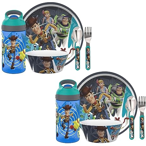 zak! Disney und Pixar Toy Story 4-5-teiliges Geschirr-Set, 2 Stück, je 2 Stück: Wasserflasche, 20,3 cm Teller, 15,2 cm Schüssel, Gabel und Löffel, geeignet für Kinder ab 3 Jahren