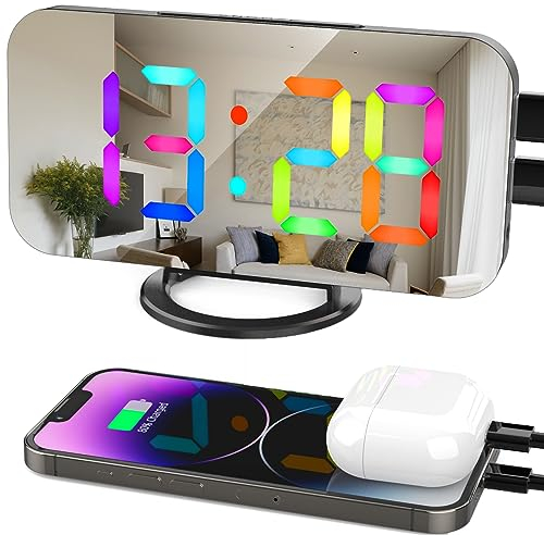 ThreeH RGB Digitaler Wecker mit 11 Farben für Schlafzimmer LED Spiegel Display Uhr für Kinder Teenager Zimmer Nachttisch Dekoration Schwarz