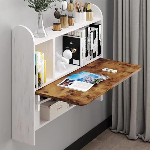 Pmnianhua Wall Mounted Drop-Leaf Table, Floating Laptop Desk, Folding Table with Shelves, Multifunctional Computer Workstation with Storage Compartments in Home Office for Space Saving (Rustic Brown)