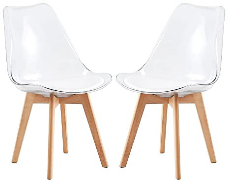 EGGREE 2er-Set Skandinavische SGS-geprüfte Esszimmerstühle, 2 Transparente Küchenstühle mit Massiven Buchenbeinen und Weißem PU-Leder Sitzkissen