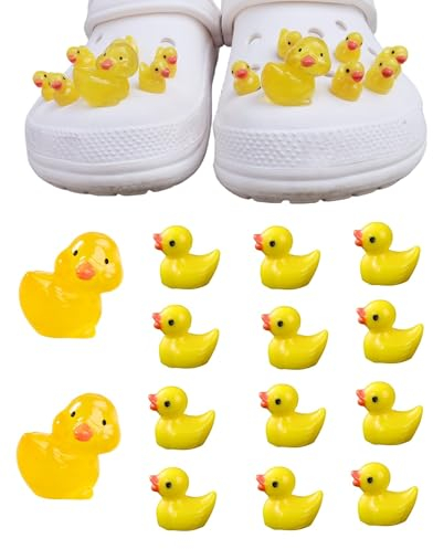 tikono 14 Stück Enten for Clogs, 3D-Enten-Kroko-Charms, 2 Stück im Dunkeln leuchtende große Ente + 12 Stück Gummi-Enten-Anstecker, Kunststoff