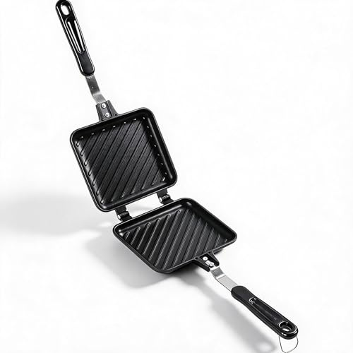 Double Sided Sandwich Panini Maker Pan, Nonstick Aluminium Alloy, Flat Bottom Frying Pan with Grid Pattern, Compact Press for Breakfast