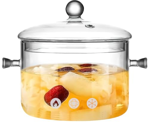 Pentola in vetro trasparente, 1,5 l, con coperchio e impugnatura, pentola in vetro trasparente resistente al calore, per pasta, noodle, zuppe, latte, hot pot