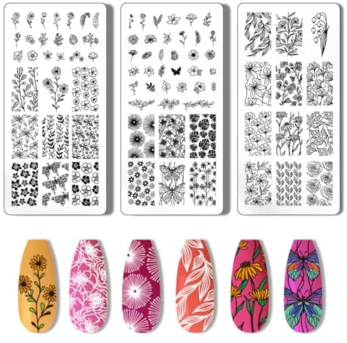 PH PandaHall 3pcs Flower Nail Stamping Plate Leaf Nail Stamper Spring Nail Stencils Tip Nail Stamp Tool Print Nail Stencils Stainless Steel Nail Image Plates for Nail Art Design Manicure Salon