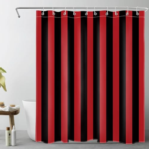 LB Schwarz und Rot gestreift Duschvorhang 120x175cm(BxH) Abstrakte Geometrie Antischimmel Wasserdicht Badezimmer Vorhänge, Moderne Kunst Extra Kurz Polyester Stoff Bad Vorhang mit Haken