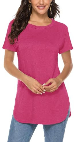 Newchoice Camiseta casual de manga larga de murciélago para mujer, cuello redondo, básica, suelta, Rosa fucsia (y-hot pink), Large