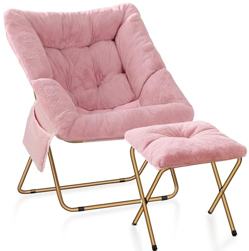 Kasunpul Comfy Saucer Chair, Foldable Living Room Chairs, Soft Faux Fur Lounge Chair for Bedroom, Reading Chairs for Adults, Kids, X-Large (Pink)