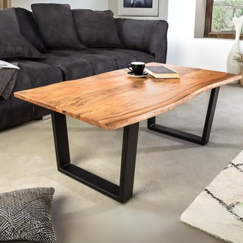 LEBENSwohnART Massiver Couchtisch ARBOL 120cm Akazie Natural Baumkante Metallgestell schwarz