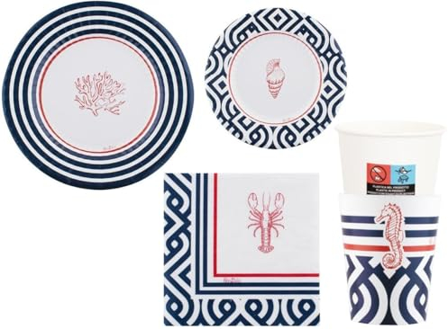 Set 40 pezzi Coordinato tavola MARE PORTOFINO blu rosso, corallo, conchiglia, cavalluccio marino, aragosta BIODEGRADABILE decoro buffet feste, compleanno tema marino - Piatti Bicchieri Tovaglioli