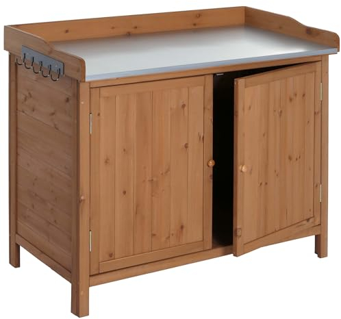 Mendler Gartenschrank mit Arbeitsplatte HWC-L69, Pflanztisch, Outdoor Tanne Holz FSC®-Zertifiziert 86x104x52cm - braun