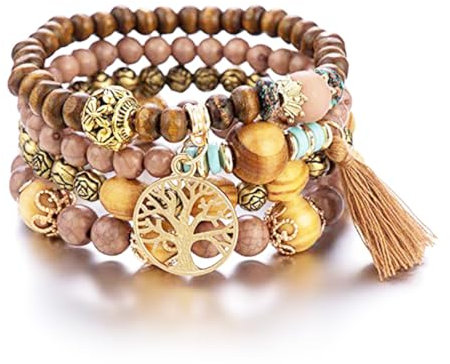 IOURVYA Boho 4 Stück Armbänder Holzperlen Quaste Armband, Chakra Armband für Frauen, Natürliches Kristall heilsteine armband, Frauen Baum des Lebens Charm Statement Armreifen