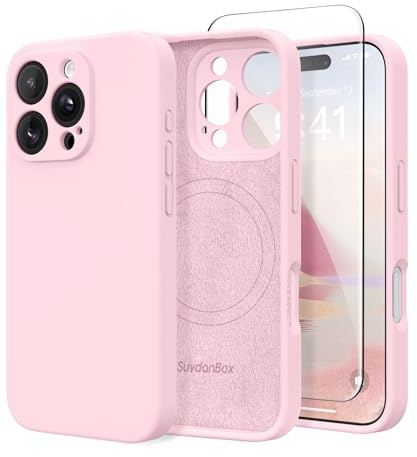 SuydanBox Magnetic for iPhone 16 Pro Case, Compatible with MagSafe, [Full Camera Protection][Screen Protector] Silicone Shockproof Protective Phone Case for iPhone 16 Pro 6.3, Chalk Pink