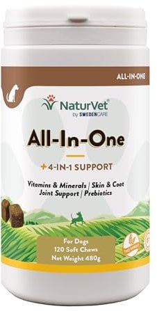 NaturVet All-in-One Dog Supplements with Multivitamin, Minerals & Prebiotics, Boost Immunity & Joint Health, Supports Brain, Heart, Gut, Skin & Coat Care (120 Chews)