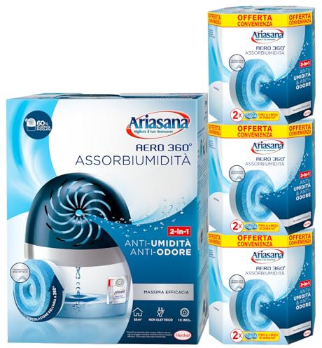 Ariasana Aero 360° Assorbiumidità Antiodore 2in1 Deumidificatore in Plastica Riciclata Non Elettrico Previene Condensa Muffa Cattivi Odori con Ricarica Tab + 6 Ricariche Tab Inodore da 450g