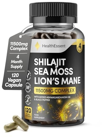 HealthEssent Shilajit Sea Moss Lions Mane 11500mg 3-in-1 + Ashwagandha 120 | 5-Ingredient Complex: Shilajit + Sea Moss + Lions Mane + Ashwagandha + Black Pepper | 120 Vegan Capsules, 2 Month Supply