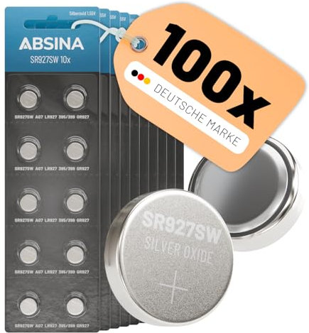 ABSINA 100x Pila SR927W de botón para Reloj 1,55V óxido de Plata - Pila SR927SW / AG7 / LR927 / 395/399 a Prueba de Fugas y de Larga duración - SR927 Pilas