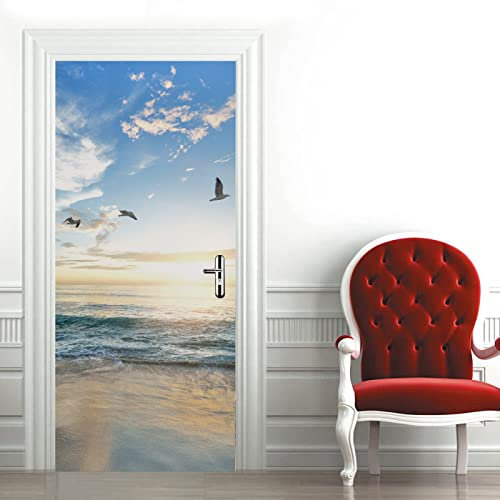 Sticker Porte Poster Vue du coucher de soleil Papier Peint Effet trompe-l'œil Pour Salon Chambre Décoration De La Maison Stickers Muraux Imperméable Stickers Amovibles, Autocollant Porte(83 x 204cm)