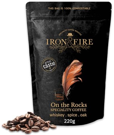 On the Rocks Whiskey Infused Coffee 220g Cafetiere/French Press Grind - Medium Roast with Whiskey, Spice & Oak Notes | Ideal for Espresso, French Press & Flat White Lovers - IRON & FIRE