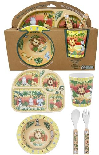 Childrens Dinner Set 4 Piece Dinner Set Bowl, Fork, Spoon, Plate and Cup Made from Recycled Materials HTUK (Safari)