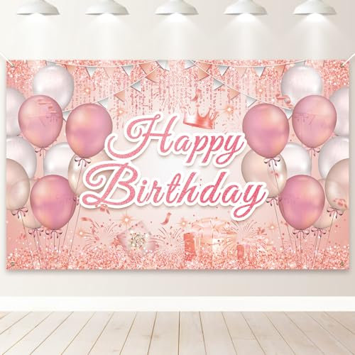 PartyYaa Cartel de feliz cumpleaños, decoración de cumpleaños, pancarta de telón de fondo extragrande para fiesta de fotos, cartel decorativo para mujeres y niñas (blanco y rosa)