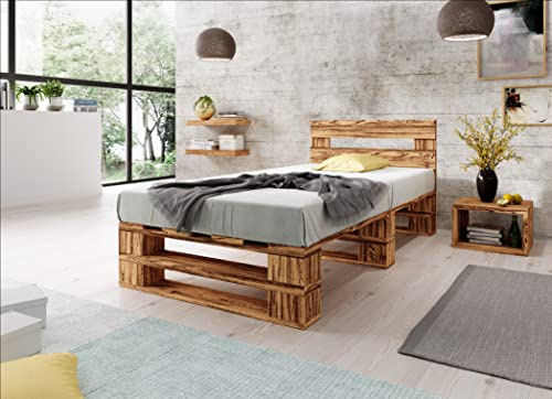 Lermowood Palettenbett M2 aus Holz 120 x 200 cm Geflammt mit Kopfteil Holzbett 30cm Stabiles Seniorenbett Kinderbett Jugendbett Gästebett erhöhtes Einzelbett Bettgestell Futon Komforthöhe Naturholz