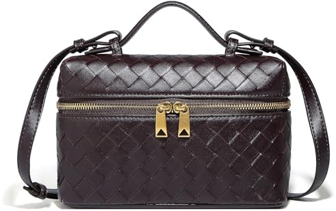 Trendige gewebte Crossbody-Tasche für Damen, niedliche Umhängetasche, quadratische Box, Mini-PU-Leder, Tragegriff oben, Handtasche, Kaffee, Small, Umhängetasche