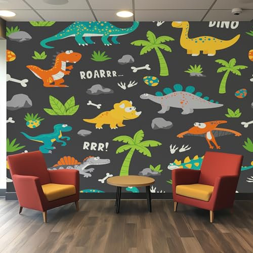 NOGAWA Papier Peint Motif Dinosaure, 3D Panoramique Papier Peint Dessin animé, Papier Mural Decoratif Pour Salon, Chambre, Tapisserie Murales, Décoration Murale 450x315cm