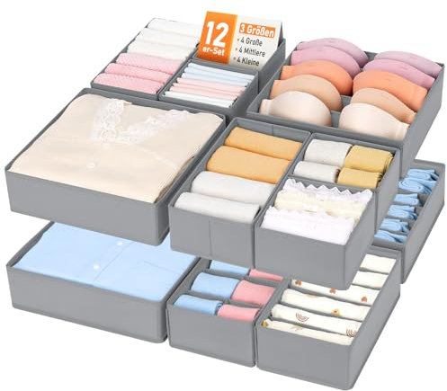 Joyoldelf Schubladen Organizer 12er Set, Faltbar Unterwäsche Organizer Kleiderschrank Ordnungssystem, Aufbewahrungsbox Stoff für Socken, BHs, Krawatten, Babykleidung (Grau)