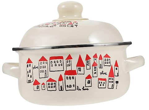 Toddmomy Vintage Enamel Cooking Pot with Lid Portable Double Handle Soup Pot for Home Cooking Lightweight Wear-resistant Stockpot for Electric and Induction Stoves Chic Decorative Design