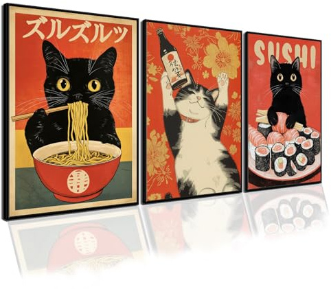 PAINURA Wandkunst-Set mit japanischen Katzen, 3 Stück, schwarze Katze isst Ramen, Leinwandposter, niedliche Katze, Küchendekoration für Esszimmer, lustiger Nudelladen, Wandkunst, Vintage-Stil