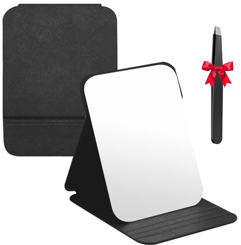 Reisespiegel Klappbar, Klappbar Make-up, Tragbar Kosmetikspiegel, Klappbarer Reisespiegel, Klappspiegel mit Schwarz PU-Leder, Super HD Schminkspiegel für Tischplatte, Zuhause und Reisenutzung, 26x18CM