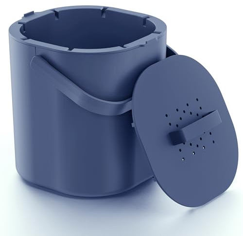 PTMS® Bidone Umido 6L – Cestino Umido con Filtro a Carbone Attivo | Coperchio da Appendere e Setaccio Interno - Pattumiera Umido Cucina Antiodore, Lavabile in Lavastoviglie - Blu