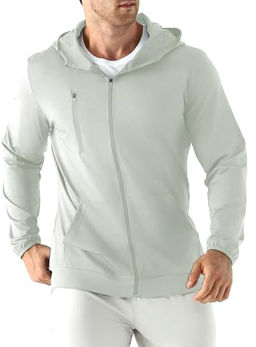 Jupmov Mens Lightweight Zip Up Track Hoodie Running Jacket(Light Grey,L)