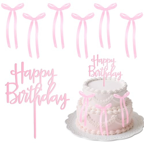 Yuomeaz 7 Pcs Pink Bows for Cake, Pink Bow Cake Toppers with Happy Birthday Cakes Topper, Small Bowknot Birthday Decorations for Wedding Anniversary Party