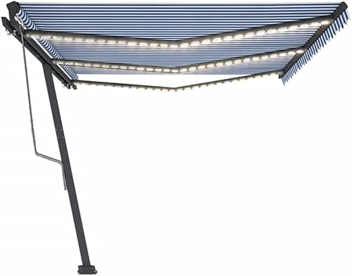 Tenda da Sole Automatica con LED e Sensore Vento, 6x3m Blu e Bianco, Alluminio e Poliestere UV, Telecomando, per Giardino Balcone Terrazzo