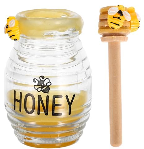 BAZEITFLOW Decorative Honey Pot with Wooden Dipper and Faux Bees, Bee Table Centerpiece for Kitchen Tiered Tray, Summer Farmhouse Honey Tabletop Decor, Birthday and Holiday Party Ornament