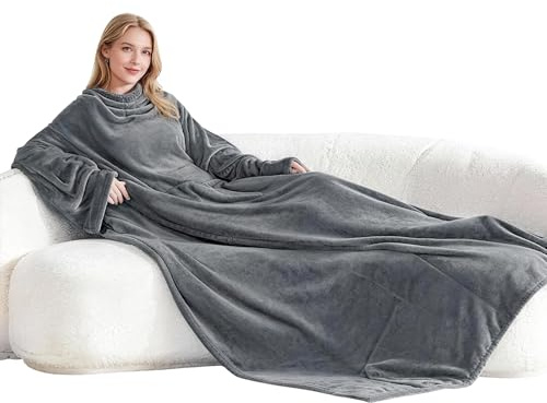 shallyong Grau Kuscheldecke mit Armelnm, Flauschige Tv-Decke, 140x180cm, Classy Armeldecke, Erwachsene Sofadecke, Warme Fleecedecke, Ganzkörperdecke mit Armeln für Sofas, Büros, Camping