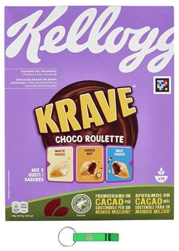 24x Krave Choco Roulette Cerealien Weizen-, Hafer- und Reisbündel mit Schokoladenfüllung 375g Packung + Beni Culinari Kostenloser Schlüsselanhänger